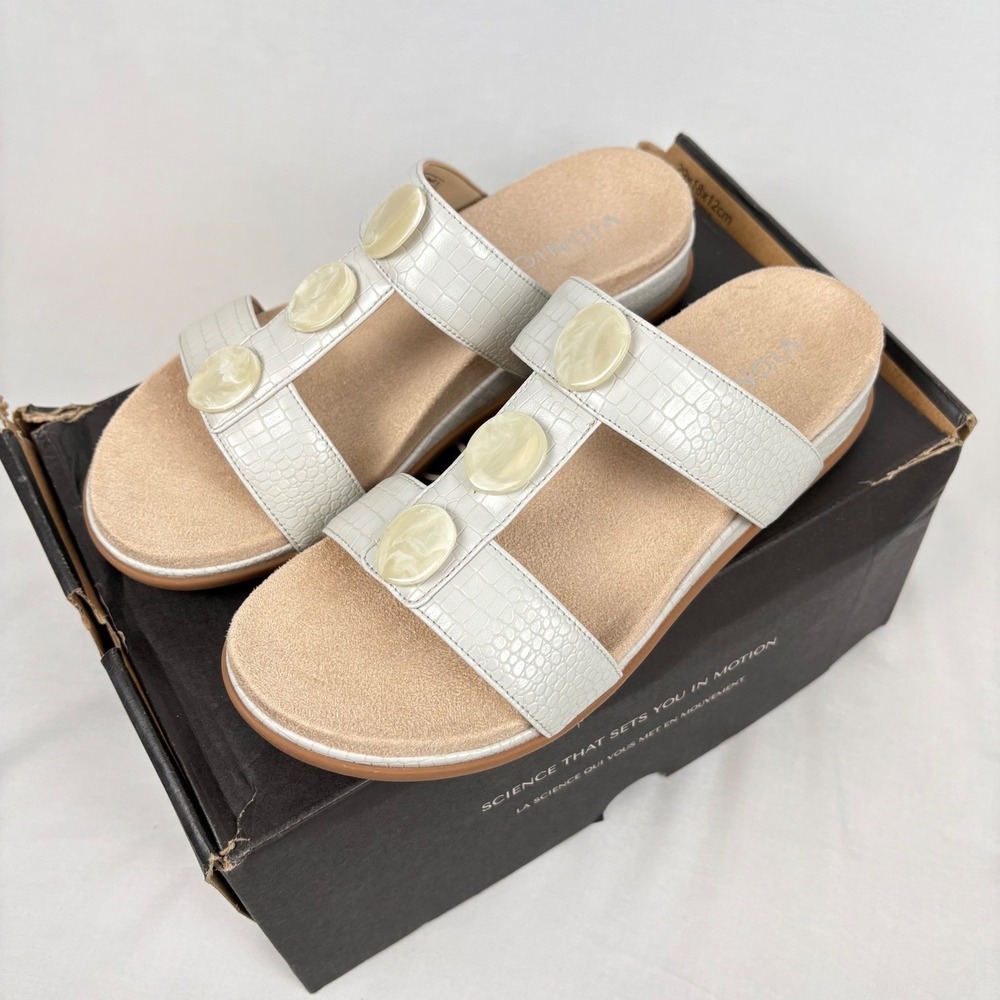 NWT Vionic Serra Sandals Sz 6.5 Taupe Croc Embossed Leather Slide Orthopedic